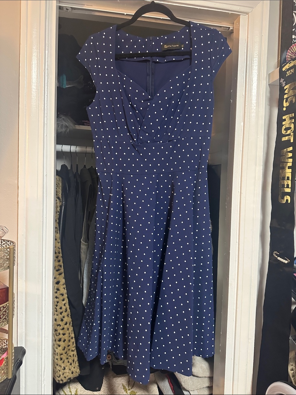 Retro Polka Dot Navy Swing Dress with Sweetheart Neckline and Pockets XL